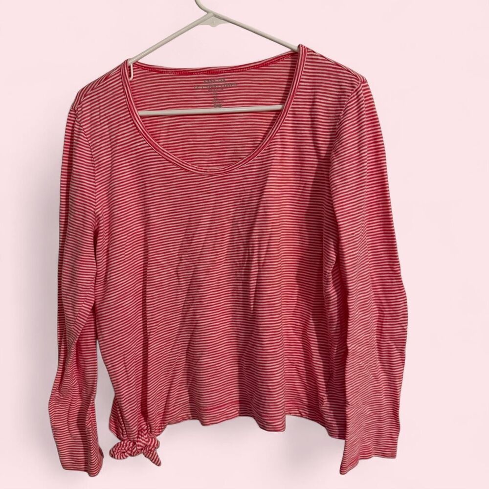 Gap Top Womens L Pink Striped Easy Tee Side Knot Bow Long Sleeve Shirt